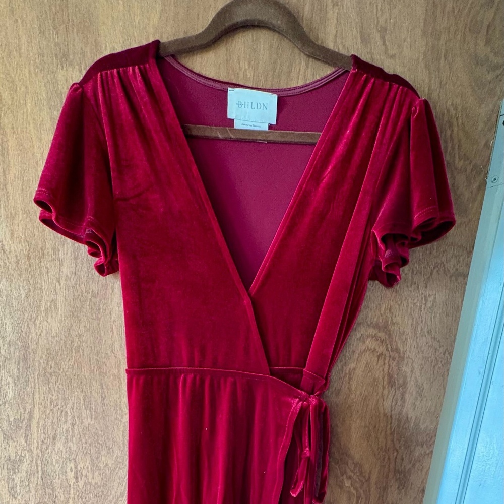 BHLDN Red Velvet Wrap Dress • Romantic Holiday Party Style • Medium